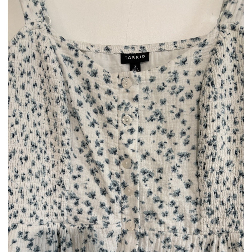 TORRID Size 2 2X Faux Button Front Midi Dress Smocked Crinkle Gauze Blue Floral - Picture 4 of 11